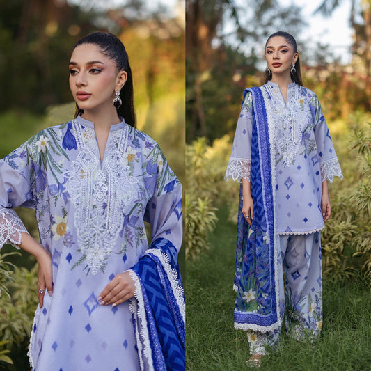 3 Piece Unstitched Embroidered Pure Lawn Suit with Fine Printed Lawn Dupatta