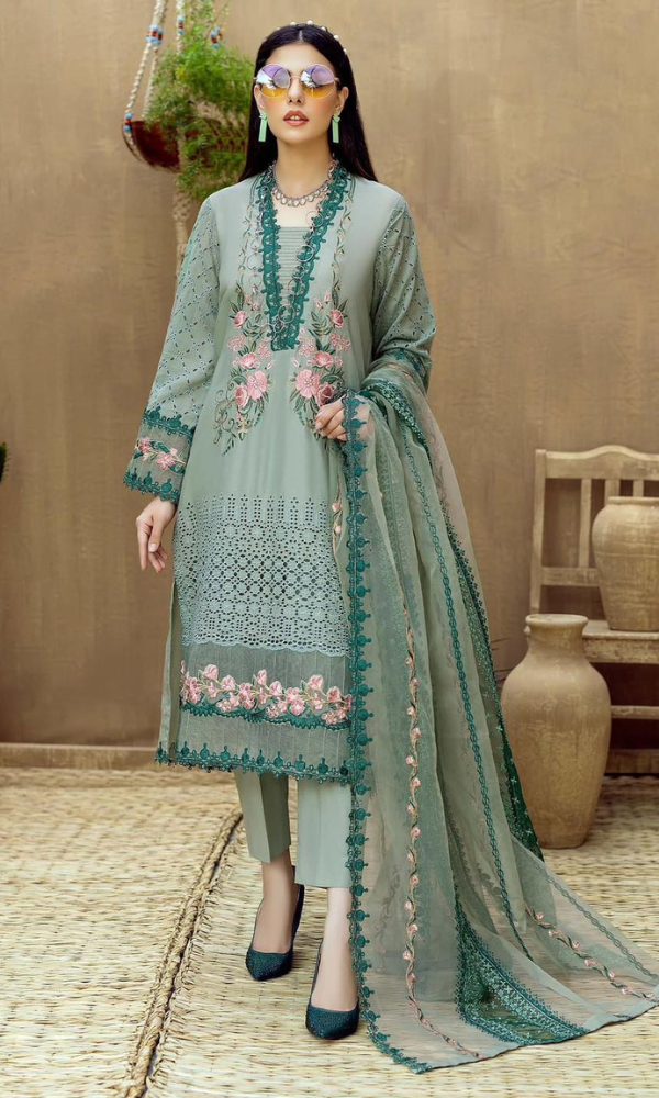 3 Piece Unstitched Heavy Embroidered Chickan Kari Pure Lawn Suit with Heavy Embroidered Organza Dupatta