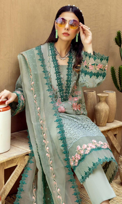 3 Piece Unstitched Heavy Embroidered Chickan Kari Pure Lawn Suit with Heavy Embroidered Organza Dupatta