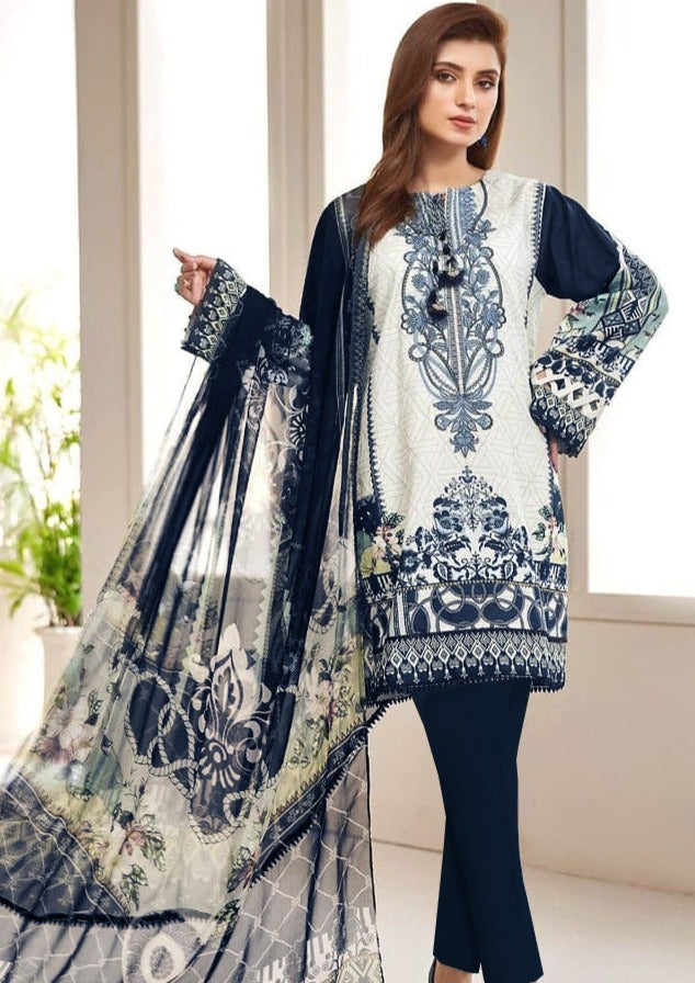 3 Piece Unstitched Embroidered Lawn Suit ( Printed Fine Soft Chiffon Dupatta)