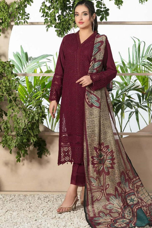 3 Piece Unstitched Chickan Kari Heavy Embroidered Pure Lawn Suit with Printed Monaar Dupatta