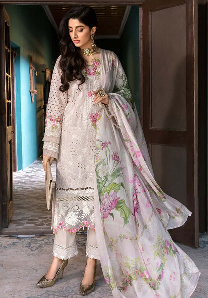 3 Piece Unstitched Heavy Embroidered Chickan Kari Pure Lawn Suit with Printed Silk Dupatta