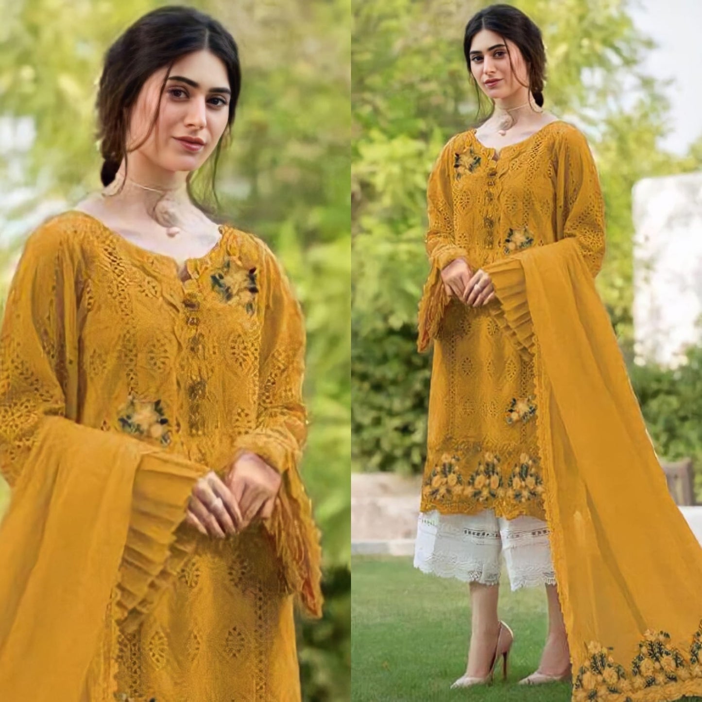 3 Piece Unstitched Heavy Embroidered Chicken Kari Pure Lawn Suit With Heavy Embroidered Bamber Chiffon Dupatta